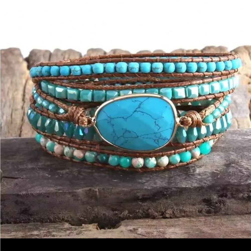 New Kelly Boho Handmade Faux Turquoise Mix Glass Beaded Wrap Bracelet